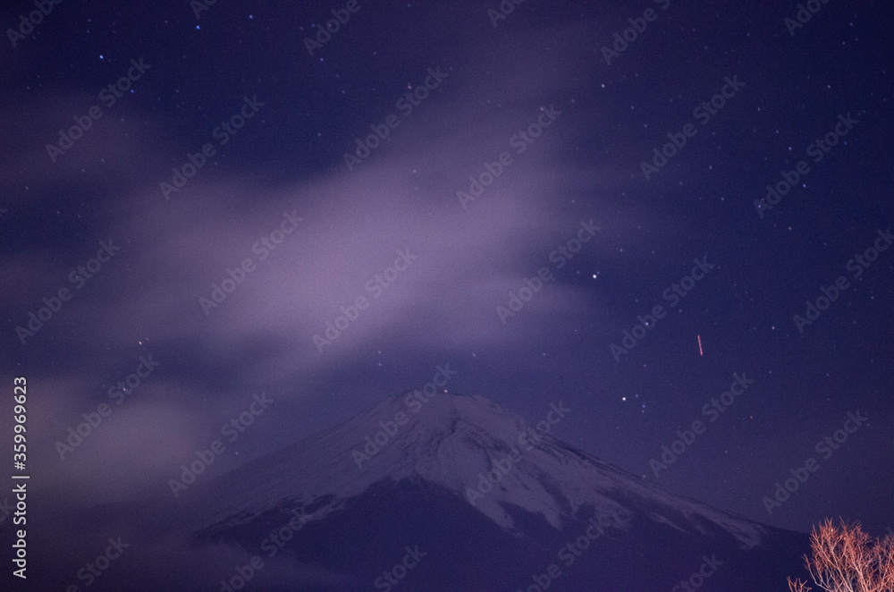 Mount Fuji with snowcap & starry night, from Lake Yamanaka, Japan