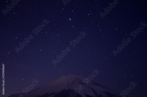 Photography Mount Fuji with snowcap & starry night, from Lake Yamanaka, Japan