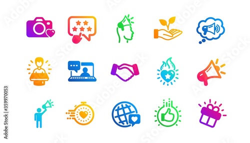 Influence people, Megaphone and Representative. Brand ambassador icons. Handshake, influencer marketing person, ambassador person icons. Classic set. Gradient patterns. Quality signs set. Vector