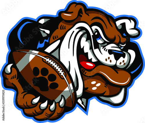 bulldog football team mascot holding ball in paw for school, college or league