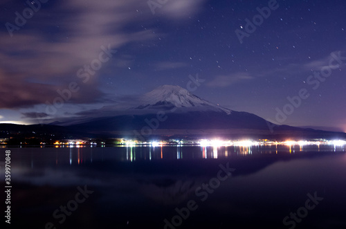 Mount Fuji with snowcap & starry night, from Lake Yamanaka, Japan