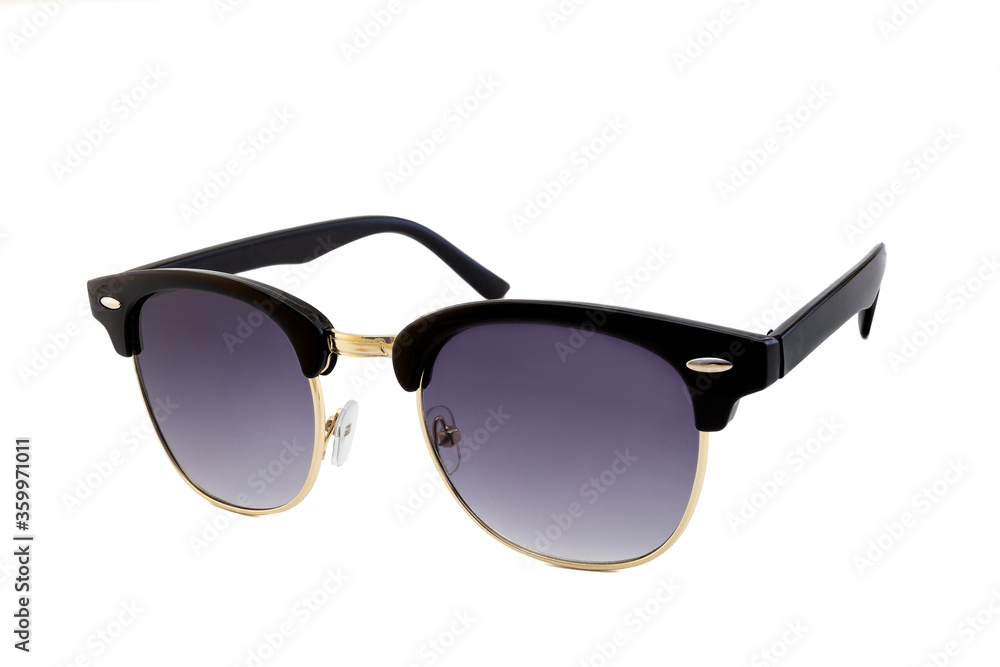 Black thick frames flat top clubmaster sunglasses with round bottom golden frames and clear dark blue lenses isolated on white background. Side View.