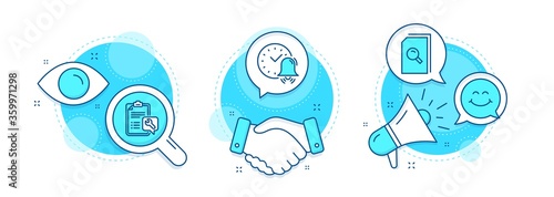 Search files, Smile face and Alarm bell line icons set. Handshake deal, research and promotion complex icons. Spanner sign. Magnifying glass, Chat, Time. Repair service. Technology set. Vector