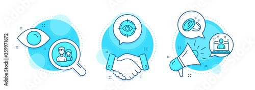 Best manager, Wedding rings and Eye target line icons set. Handshake deal, research and promotion complex icons. Teamwork sign. Best developer, Love, Optometry. Man with woman. People set. Vector
