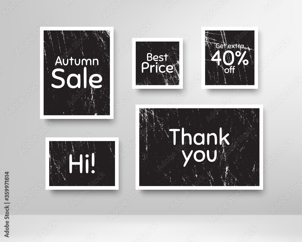 Autumn sale, 40% discount and best price. Black photo frames with scratches. Thank you phrase. Sale shopping text. Grunge photo frames. Images on wall, retro memory album. Vector Autumn sale, 40% discount and best price. Black photo frames with scratches. Thank you phrase. Sale shopping text. Grunge photo frames. Images on wall, retro memory album. Vector