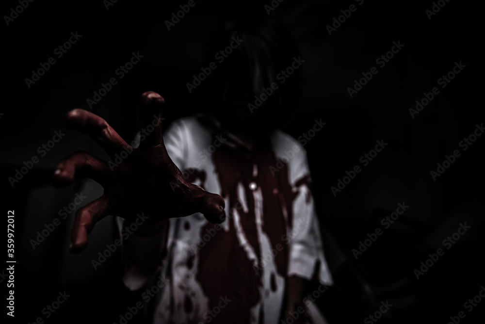 Portrait of asian woman make up ghost face,Horror scene,Scary background,Halloween poster Portrait of asian woman make up ghost face,Horror scene,Scary background,Halloween poster