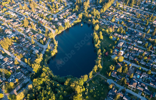 Aerial view of Como Lake in Coquitlam, British Columbia