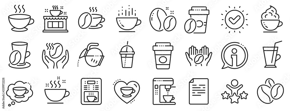 Beans, hot cocktail and coffee maker machine. Coffee line icons. Espresso cup, cappuccino with whipped cream line icons. Latte vending machine, breakfast drink and roasted beans. Vector