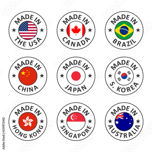 vector icon set made in usa, canada, brazil, china, japan, south korea, hong kong, singapore and australia, world countries flag label stamp