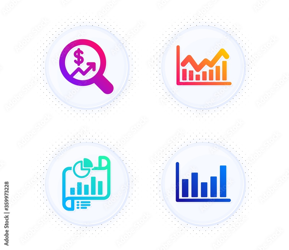 Report document, Currency audit and Infochart icons simple set. Button with halftone dots. Column chart sign. Growth chart, Stock exchange, Financial graph. Finance set. Vector Report document, Currency audit and Infochart icons simple set. Button with halftone dots. Column chart sign. Growth chart, Stock exchange, Financial graph. Finance set. Vector
