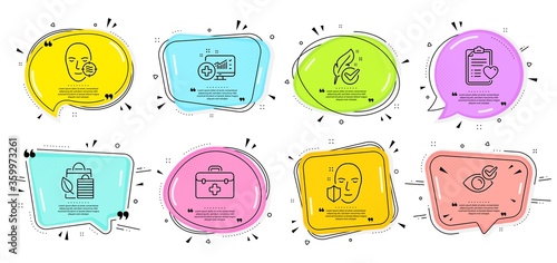 Problem skin, Bio shopping and Face protection signs. Speech bubbles with quotes. Check eye, Patient history and Medical analytics line icons set. First aid, Hypoallergenic tested symbols. Vector