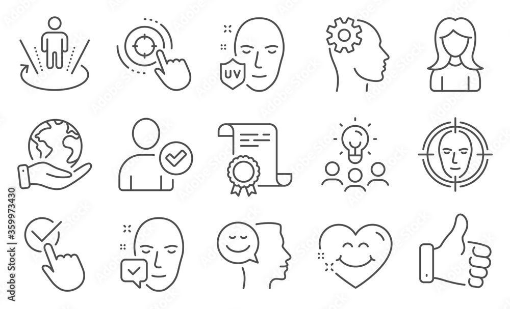 Set of People icons such as Engineering, Uv protection, Like hand. Diploma, ideas, save planet. Seo target, Face detect, Identity confirmed. Good mood, Augmented reality, Woman. Vector Set of People icons such as Engineering, Uv protection, Like hand. Diploma, ideas, save planet. Seo target, Face detect, Identity confirmed. Good mood, Augmented reality, Woman. Vector