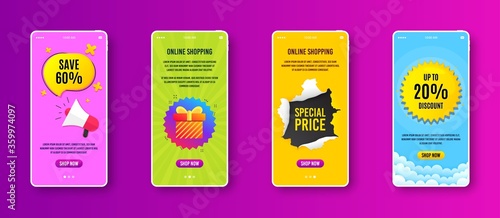Gift box badge. Phone screen banner. Discount sale banner. Coupon present icon. Sale banner on smartphone screen. Mobile phone web template. Gift box promotion. Interface with torn paper hole. Vector