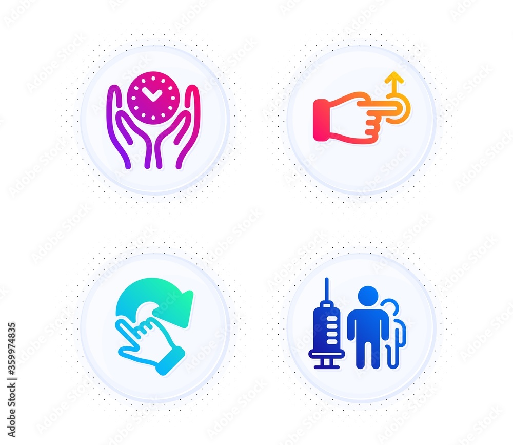 Safe time, Drag drop and Rotation gesture icons simple set. Button with halftone dots. Medical vaccination sign. Management, Move, Undo. Syringe vaccine. People set. Vector