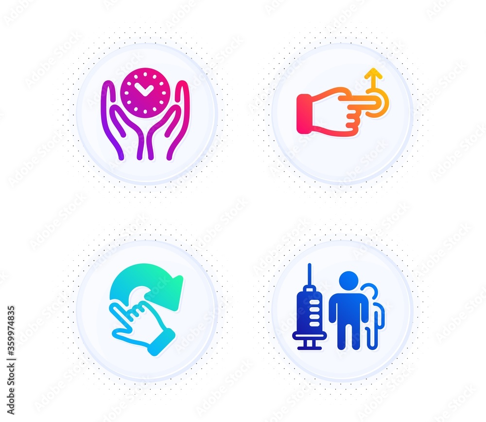 Safe time, Drag drop and Rotation gesture icons simple set. Button with halftone dots. Medical vaccination sign. Management, Move, Undo. Syringe vaccine. People set. Vector Safe time, Drag drop and Rotation gesture icons simple set. Button with halftone dots. Medical vaccination sign. Management, Move, Undo. Syringe vaccine. People set. Vector