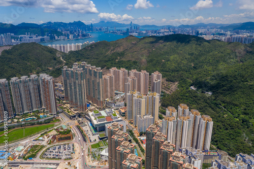 Drone fly over Hong Kong city