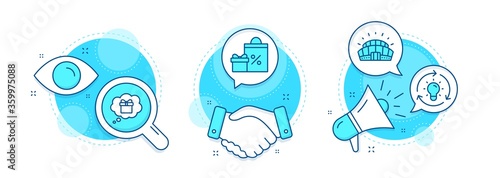 Idea, Shopping and Gift dream line icons set. Handshake deal, research and promotion complex icons. Sports stadium sign. Lightbulb, Gifts and sales, Receive a gift. Championship arena. Vector