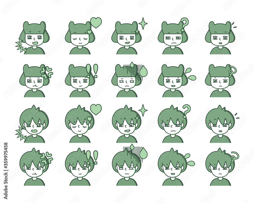 緑色の人物イラスト 表情バリエーション 14 緑色の人物イラスト 表情バリエーション 14