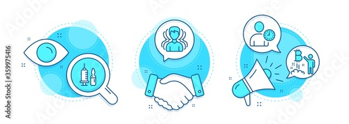 Time management, Bitcoin project and Medical vaccination line icons set. Handshake deal, research and promotion complex icons. Group sign. Vector