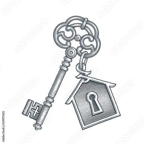 Vintage key with keychain. Hand drawn engraving style illustrations.
