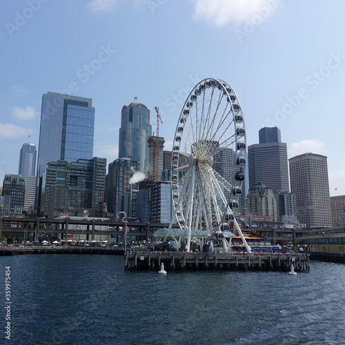 Seattle's Great Wheel on the waterfront skyline in Washington State.