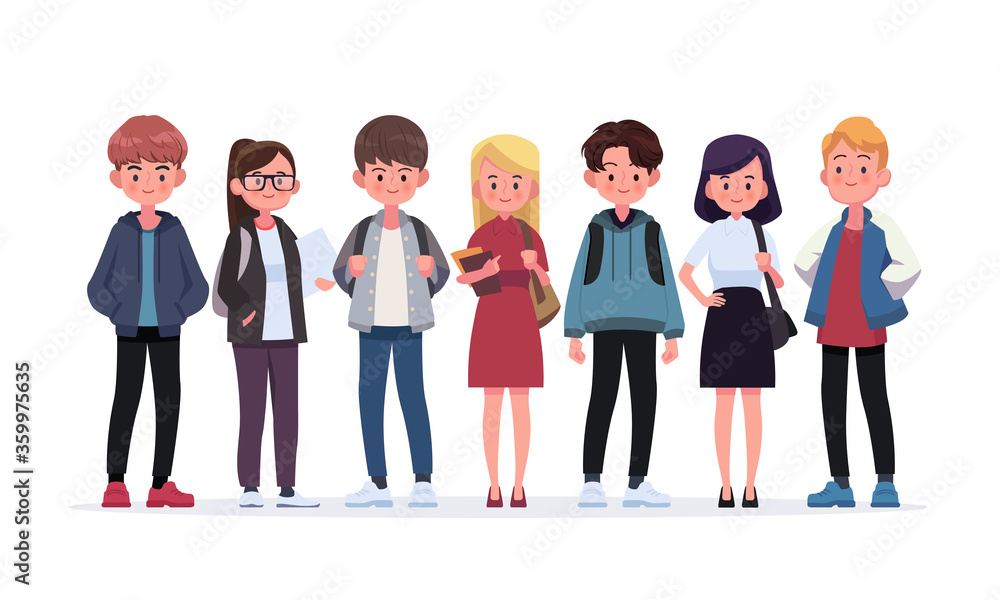 Group of young students. Flat style vector illustration isolated on white background. Group of young students. Flat style vector illustration isolated on white background.