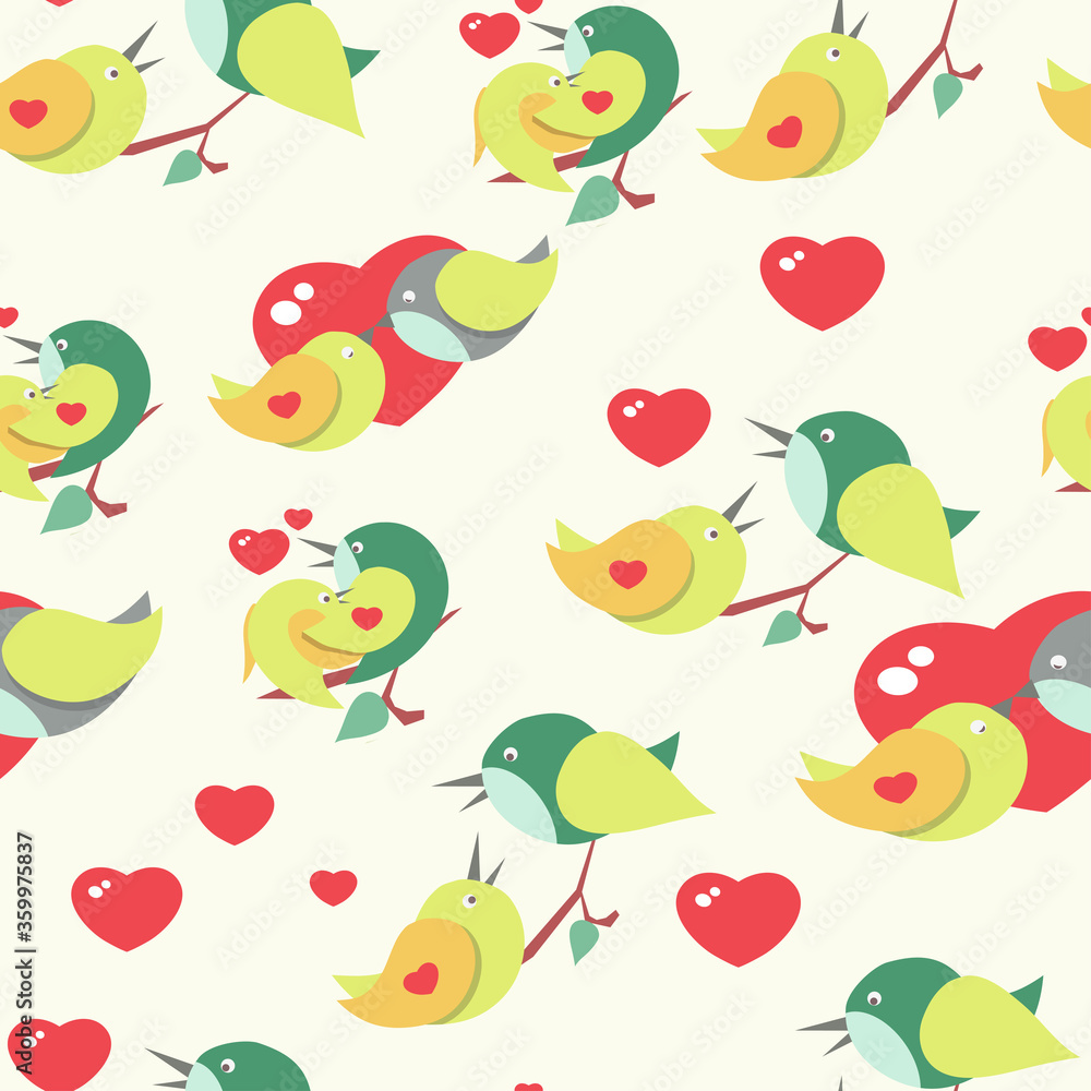 Seamless pattern of cute birds in love, bright colors. Vector graphics. Stock illustration.