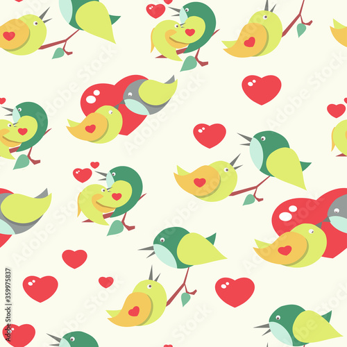 Seamless pattern of cute birds in love  bright colors. Vector graphics. Stock illustration.