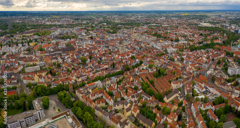  Aerial view of the city Augsburg in Germany, Bavaria on a sunny spring day during the coronavirus lockdown.