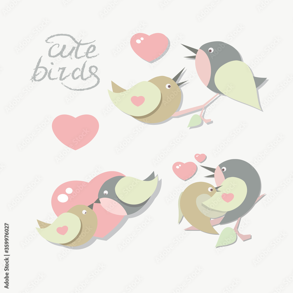 Lovely birds, gentle colors. Set. Vector graphics. Stock illustration.