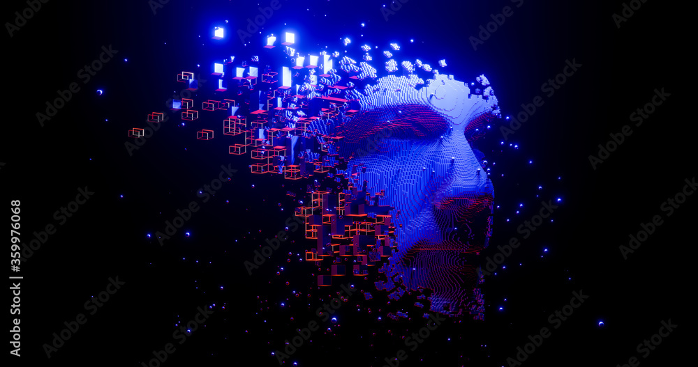 Abstract digital human face.  Artificial intelligence concept of big data or cyber security. 3D rendering - obrazy, fototapety, plakaty 