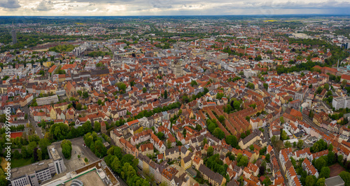 Aerial view of the city Augsburg in Germany, Bavaria on a sunny spring day during the coronavirus lockdown.