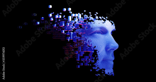 Abstract digital human face.  Artificial intelligence concept of big data or cyber security. 3D rendering