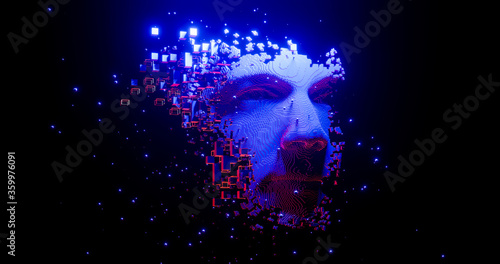 Abstract digital human face.  Artificial intelligence concept of big data or cyber security. 3D rendering