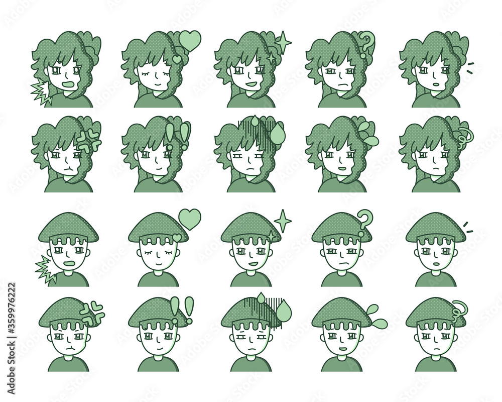 Obraz premium 緑色の人物イラスト 表情バリエーション 31
