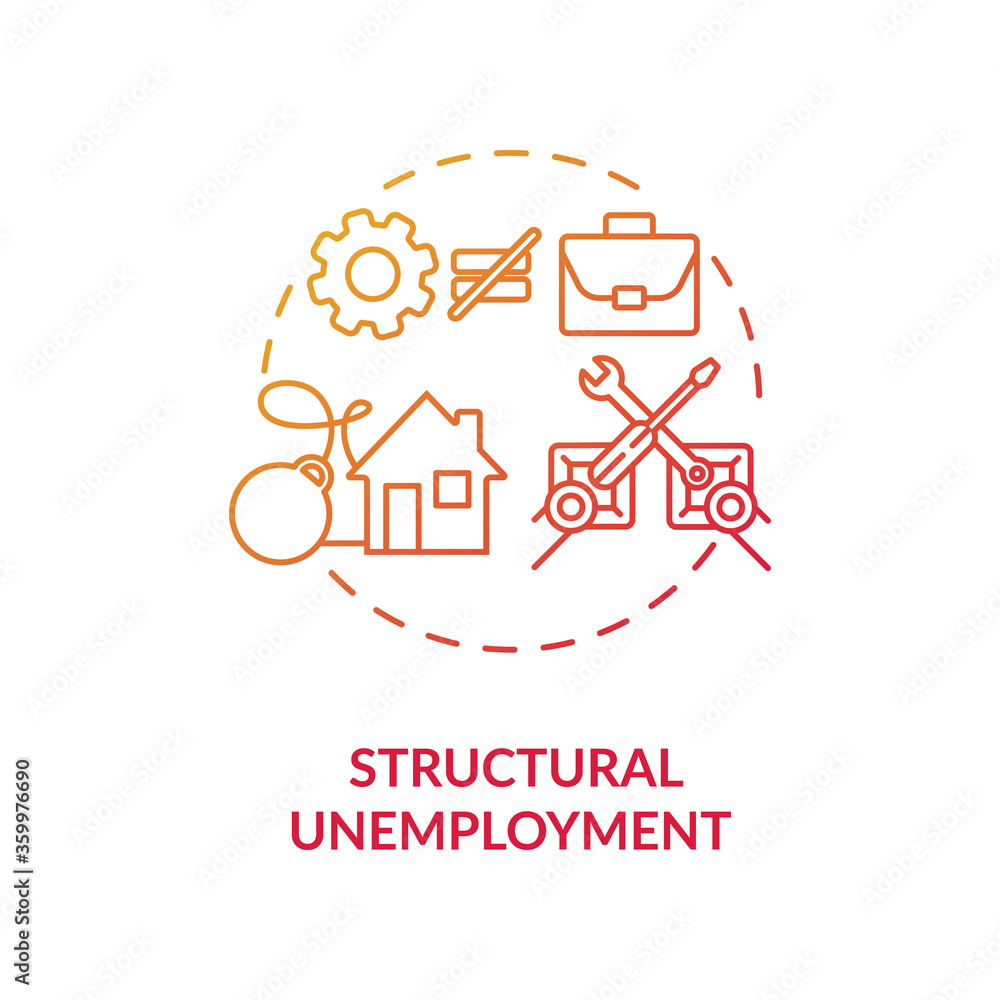 Structural unemployment red gradient concept icon. Loss of job because of technology innovation. Social economic issue idea thin line illustration. Vector isolated outline RGB color drawing Structural unemployment red gradient concept icon. Loss of job because of technology innovation. Social economic issue idea thin line illustration. Vector isolated outline RGB color drawing