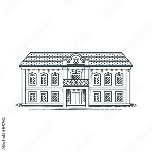Vintage building. Hand drawn engraving style illustration.
