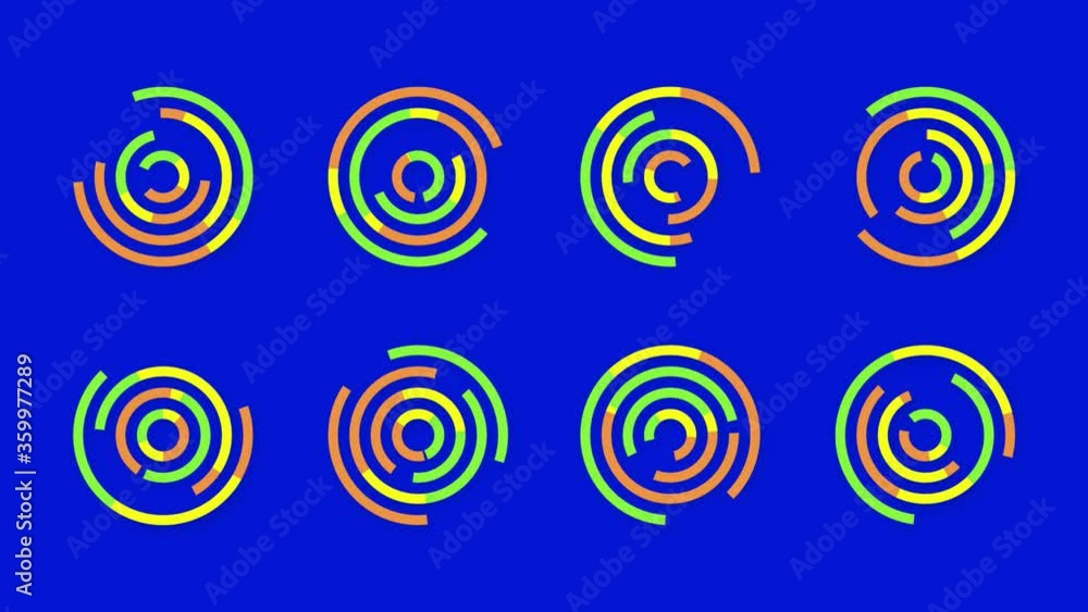 8 individually animated doughnut charts loop of data change on blue background 8 individually animated doughnut charts loop of data change on blue background