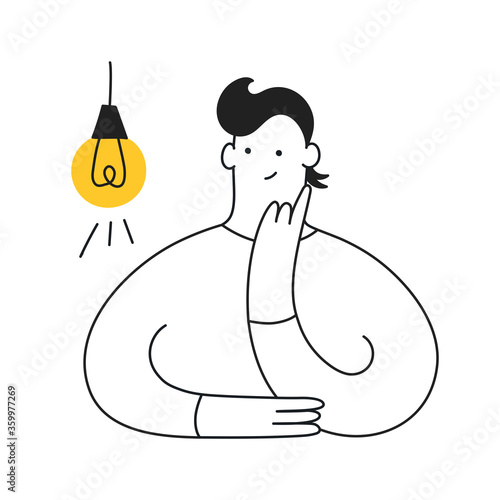Idea generation, imagination, creativity, solution concept. Thinking man and the lightbulb. Flat clean outline isolated vector illustration.