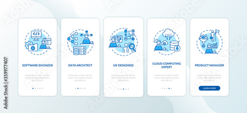 IT professional onboarding mobile app page screen with concepts. Expert software developer walkthrough 5 steps graphic instructions. UI vector template with RGB color illustrations