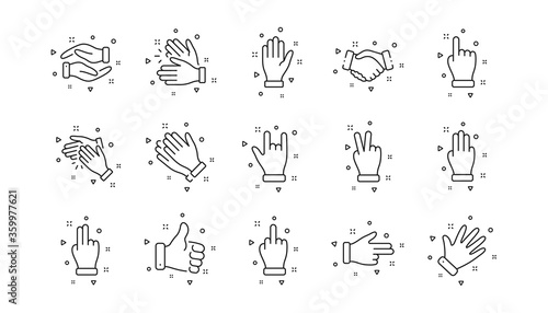 Handshake, Clapping hands, Victory. Hand gestures line icons. Horns, Thumb up finger, drag and drop icons. Donation hand gestures, middle finger, helping hand. Linear set. Geometric elements. Vector