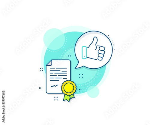 Thumbs up finger sign. Certification complex icon. Like hand line icon. Gesture symbol. Certificate or diploma document. Like hand sign. Vector