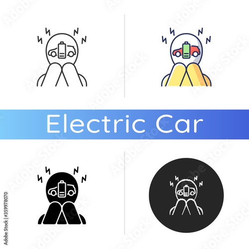 Range anxiety icon. Linear black and RGB color styles. Electric vehicle owner stress, psychological problem. Fear of low EV battery capacity. Worried driver isolated vector illustrations