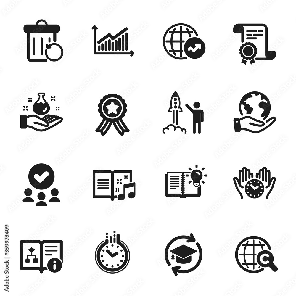 Set of Education icons, such as Time, World statistics. Certificate, approved group, save planet. Continuing education, Chemistry lab, Launch project. Vector Set of Education icons, such as Time, World statistics. Certificate, approved group, save planet. Continuing education, Chemistry lab, Launch project. Vector