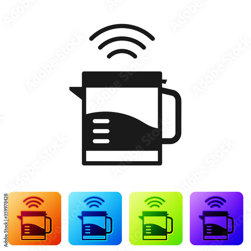 Black Smart electric kettle system icon isolated on white background. Teapot icon. Internet of things concept with wireless connection. Set icons in color square buttons. Vector