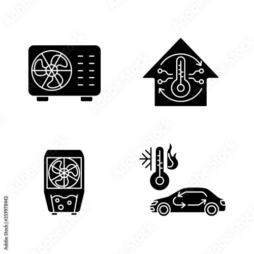 Climate control black glyph icons set on white space. Split air conditioner, evaporative cooler, central conditioning system and car ventilation silhouette symbols. Vector isolated illustrations