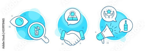 Wine, Sun energy and Water glass line icons set. Handshake deal, research and promotion complex icons. Ranking sign. Merlot bottle, Solar panels, Soda drink. Hold star. Business set. Vector