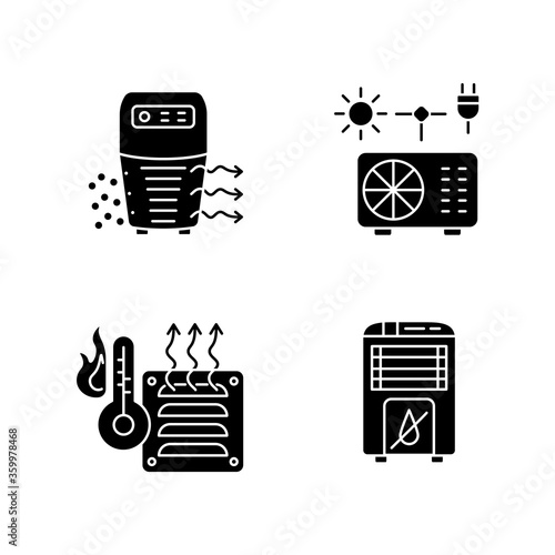 Air heating black glyph icons set on white space. Air purifier, hybrid conditioner, heater and dehumidifier silhouette symbols. Various domestic ventilation appliances. Vector isolated illustrations