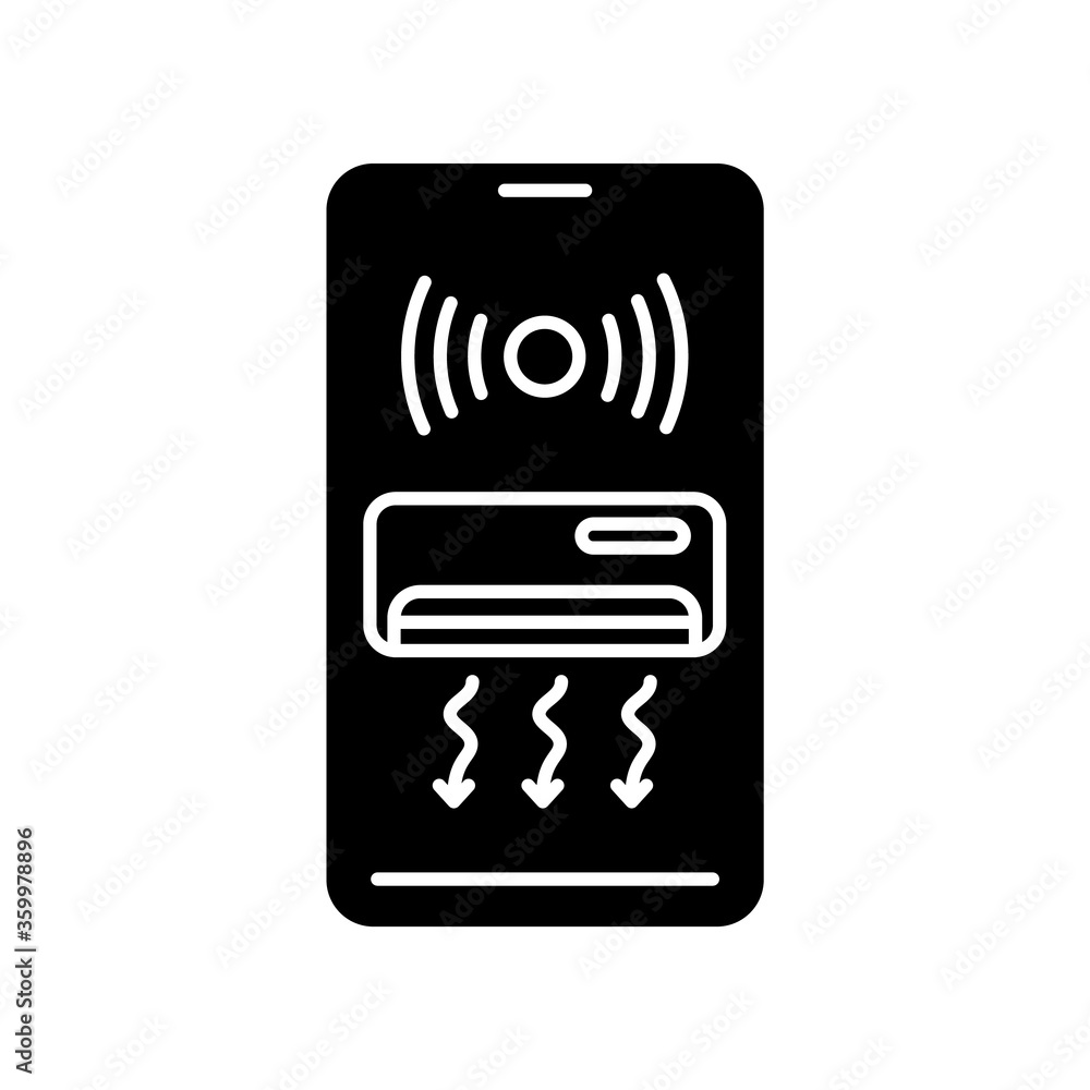 Smart air conditioner black glyph icon. Internet of things, remote ventilation access silhouette symbol on white space. Climate control. AC on smartphone display vector isolated illustration Smart air conditioner black glyph icon. Internet of things, remote ventilation access silhouette symbol on white space. Climate control. AC on smartphone display vector isolated illustration