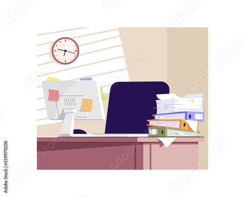 Stressful work semi flat vector illustration. Unorganized workplace 2D cartoon interior for commercial use. Stress factors in office. Paperwork overload, overworking problem. Business trouble